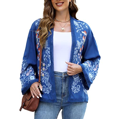 Women Enchanting Blue Embroidered Open Front Cardigan Jacket Mexican Tops Loose Casual Long Sleeve Fashionable Shawl #TOP23