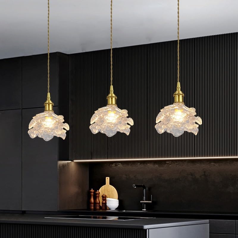 Miniatura 2 de Mid Century Mini Pendant Light Gold Full Copper Hanging Lamp with 5.9 Glass Shade Nordic Retro Single Head Flower Shape Pendant Lamp for Living Room