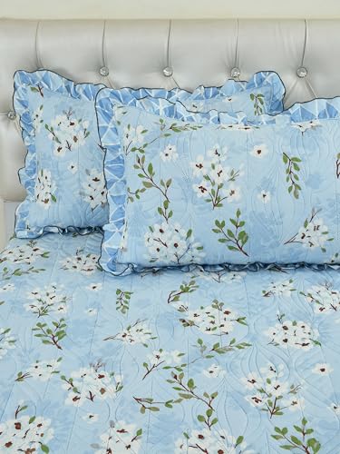 Image of Morado Ultrasonic Quilted Bedsheet for Double Bed (90x100 Inches) with 2 Pillow Covers | Floral Glace Cotton Bedcover 3 Pcs Set with Frill & Lace | 280 TC, All-Season Use | Blue Jasmine