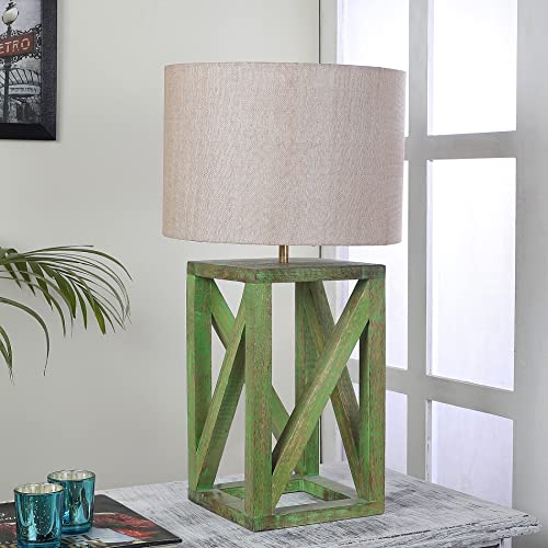 Image of tu casa Handcrafted Mango Wood Table Lamp with Pleated Off-White Cotton Fabric Shade | Elegant Bedside Night Lamp for Bedroom & Living Room