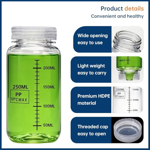 10 Pièces Bouteilles à Col Large de 250 ml, PP Bouteilles en Plastique à Col Large Gradué, Flacons Laboratoires Plastiques, avec Brosse de Nettoyage étiquettes, pour Médicaments et Échantillons D'eau – vue 5
