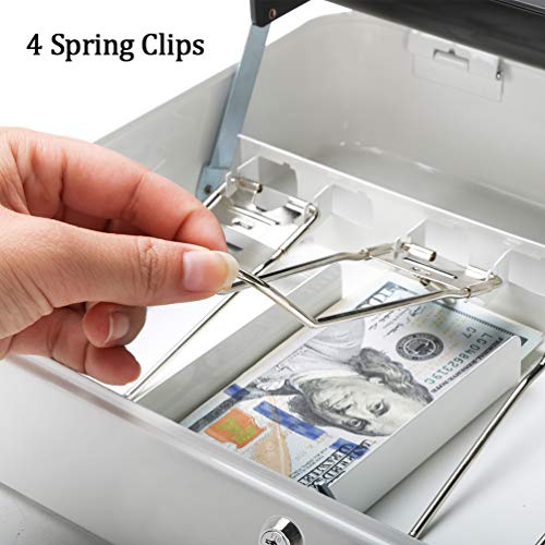 Image of Metal Cantilever Cash Box with Key Lock, Decaller Large Lock Money Box - 5 Compartments & 4 Spring-loaded Clips for Bills, White, 11 4 /5 inch x 9 2 /5 inch x 3 1 /2 inch, QH3010L