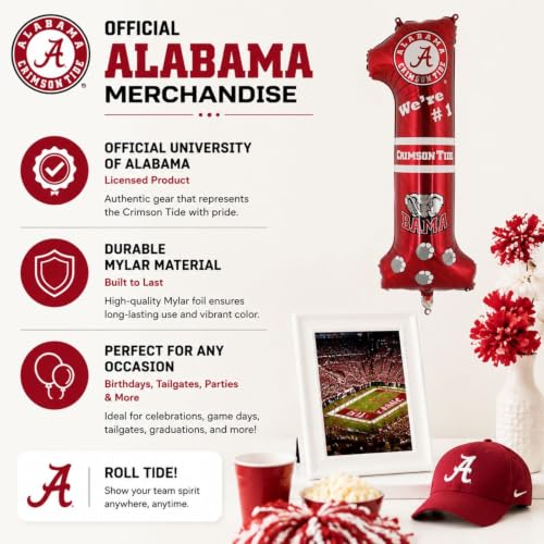Image of Alabama No. 1 Mylar Balloon, Double-Sided Party Decor-1 pk.- Havercamp | 1 Double-sided Alabama-themed foil #1 balloon for birthdays, tailgates, game days & Crimson Tide fan celebrations.