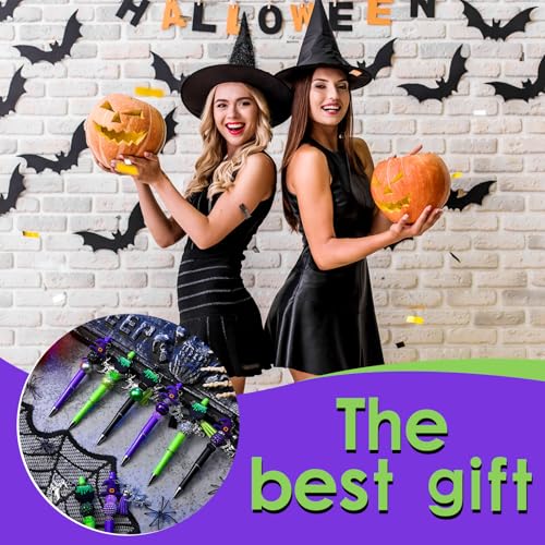 Jutom 12 Pcs Halloween Beadable Pens with Focal Silicone Beads Witch Cauldron Purple Green Bead Crafting DIY Making Pens Kit for Office School Christmas Holiday Gift Bulk