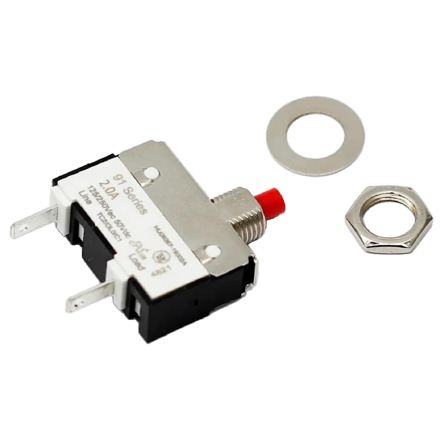 91 Series DC Circuit Breaker, Manual Reset Thermal Switch, 2.0A, 125/250V, Over Current Protection, Black and Silver (2A)