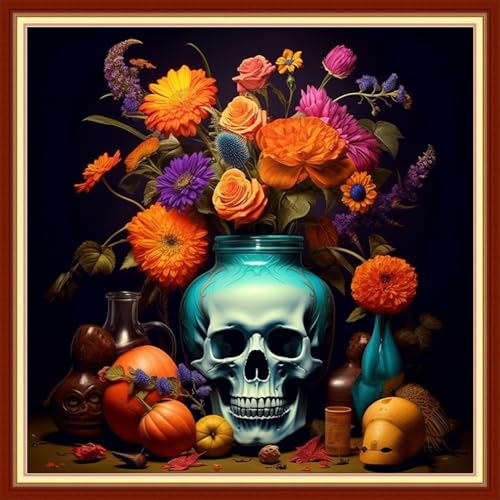 Image of Findvoor Stamped Cross Stitch Kits for Beginner Embroidery Kits for Beginners Adults DIY 11CT Crossstitch Patterns Needlepoint Kits Crossstitching Kits-Stitch Supplies-Flower Skeleton 18x18 inch