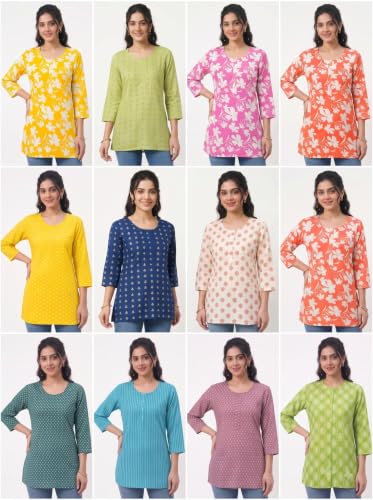 Image of White Block Print Short Kurti | Pure Cotton Kurti for Girls (Color May Vary According to Stock)