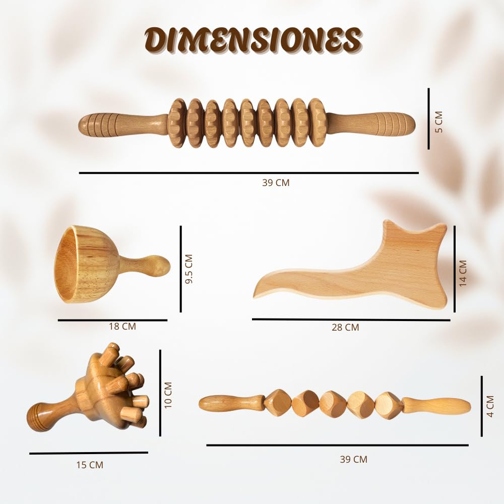 Pack de Maderoterapia Corporal Profesional para Masajes Relajantes y Celulitis con Instrucciones Qr – Compuesto por Tabla Moldeadora, 2 Rodillos(Recto y Cubos), Champiñón y Copa.