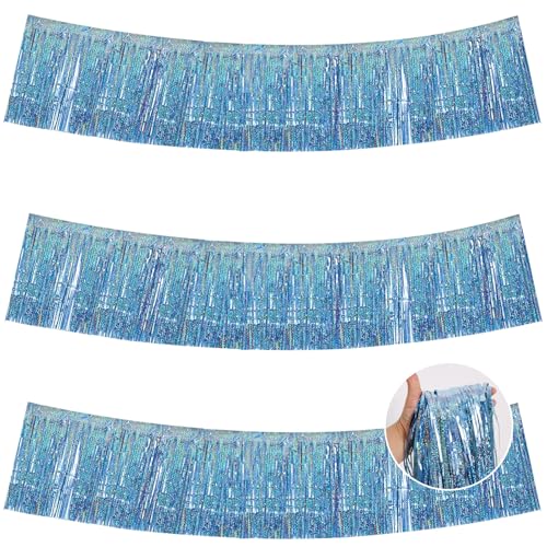 Image of BEISHIDA 3 Packs Metallic Foil Fringe Garland Laser Light Blue Wall Hanging Tinsel Fringe Banners for Car Floats Bridal Shower Wedding Birthday Easter Graduation Holiday Party Decoration(30 Feet)