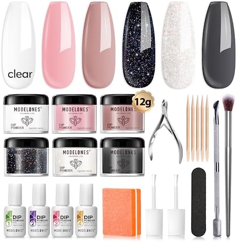 Modelones 22 Pcs Dip Powder Nail Kit Starter, 6 Colors Nude Clear Black Pink Dipping Powder Essential Liquid Set with Base Top Coat Activator French Manicure Set for Beginner Starter All In One Kit DIY at Home