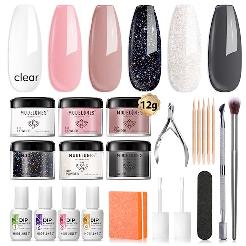 Modelones 22 Pcs Dip Powder Nail Kit Starter, 6 Colors Nude Clear Black Pink Dipping Powder Essential Liquid Set With Base Top Coat Activator French Manicure Set For Beginner Starter All In One Kit Diy At Home #TOP18