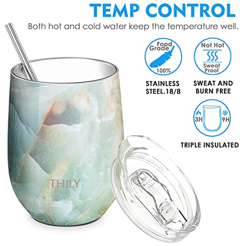 THILY Stemless Wine Tumbler Vacuum Insulated 350 ml Triple-Insulated Stainless Steel Wine Glass with Lid, Straw - Image 2