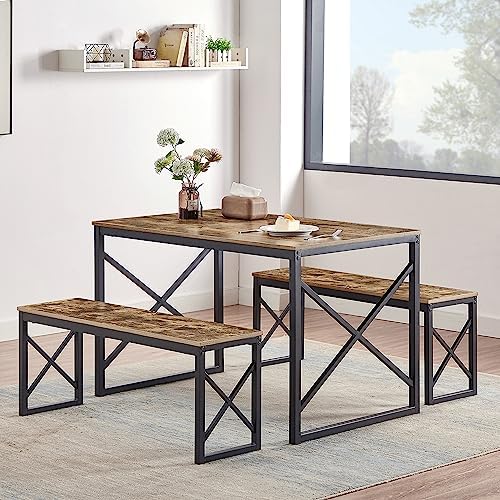 VECELO Kitchen Table with 2 Benches for 4, Wood Dining Room Dinet...