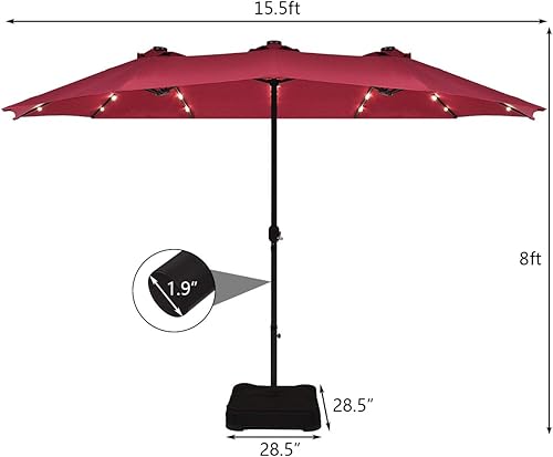 Miniatura 5 de Tangkula Sombrilla grande de patio de 15 pies con luces solares, doble cara para exteriores con base incluida, 36 luces LED, para jardín, terraza,