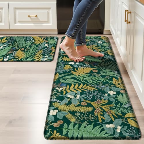 Dark Green Botanical Kitchen Rugs Set of 2 Plant Leaf Anti-Fatigue Kitchen Mat Natural Comfort Standing Waterproof PVC Mats 2/5