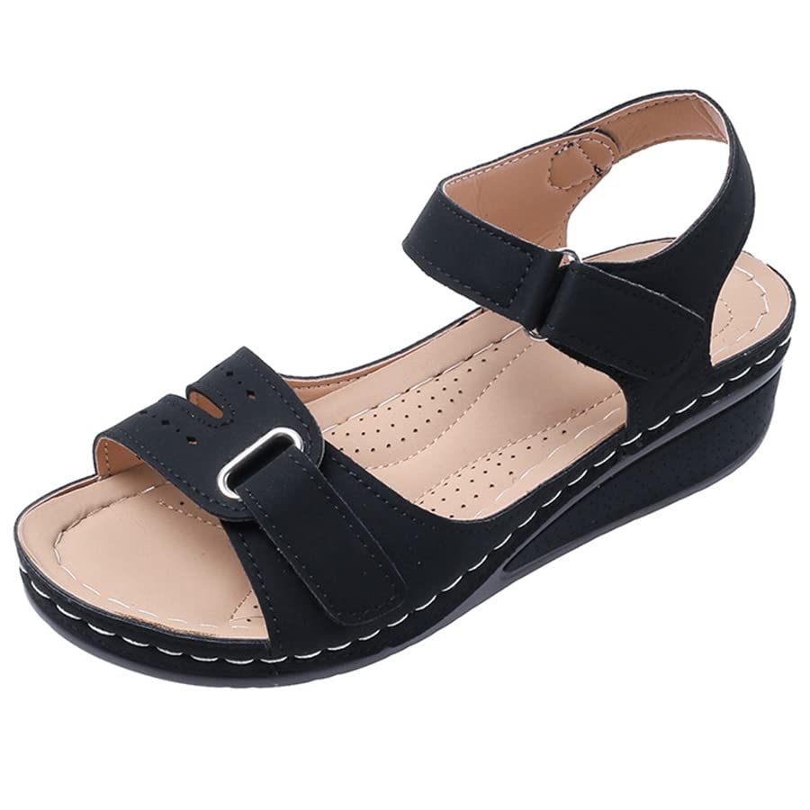 Womens Soft Sole Wedge Sandals with Arch Support Massage Adjustable Buckle Summer Hollow Out Roman Round Toe Platform Slippers