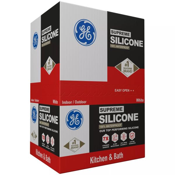 Image of GE Supreme Silicone Caulk for Kitchen & Bathroom, White, 10 fl oz Cartridge, 12 Pack - 100% Waterproof Silicone Sealant, 7X Stronger Adhesion, Shrink & Crack Proof