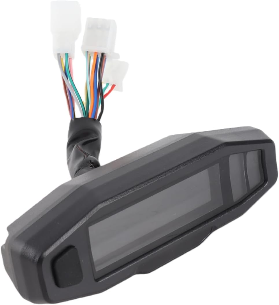 Front view of the motorcycle LED display gauge showing the screen and button