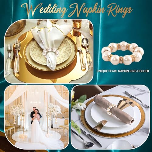 100Pcs Gold Disposable Napkin Rings Imitation Pearl Ring Napkin Holder Delicate White&Gold Beaded Serviette Buckles for Wedding Party Dinner Table Decor and Daily Use