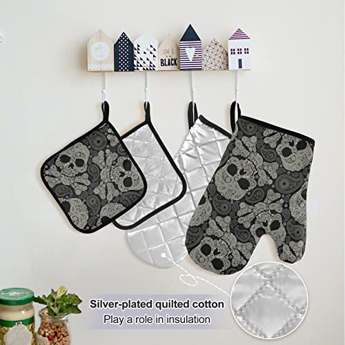 Alaza Skull Paisley Halloween Waterproof Apron W/ Pockets Oven Mitts Set Pot Holders Kitchen Linen Sets #TOP4
