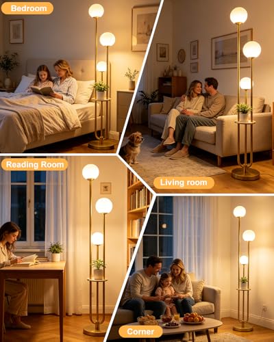 Image of 63IN Dimmable Floor Lamp with Shelf, Unique Globe Gold Tall Standing Lamps, 3000K Warmwhite Mid Century Modern Floor Lamp with 5Lbs Heavy Base for Living Room Home Office(Bulbs Included)