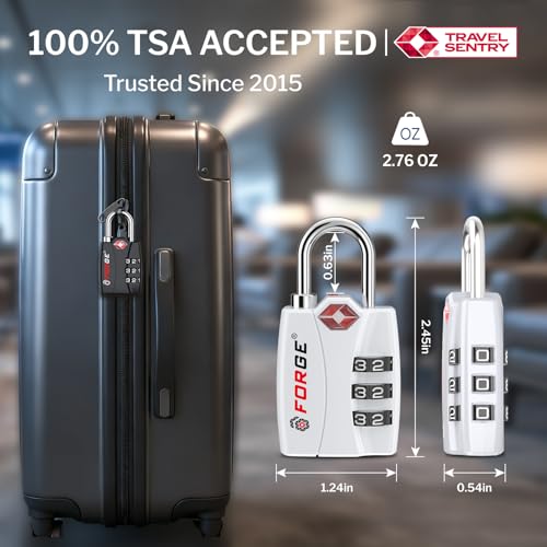 Image of Forge Open Alert TSA Approved Luggage Locks - 3 Digit Combination, Easy Read Dials, Zinc Alloy Body - Ideal Travel Lock for Luggage, Suitcases, Bags & Toolboxes. White 2 Locks.