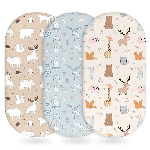 Image of Unnivoll Baby Bassinet Sheets Girl Boy, Fitted Bassinet Sheet Set 3 Pack Bassinet Mattress Sheets Universal Fit for Rectangle, Round, Oval, Hourglass Mattress, Soft Breathable Blue & Apricot Bear