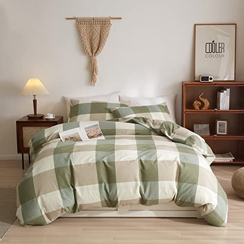 Bobode Green Plaid Duvet Cover King Size Cotton Grid Duvet Cover Set Buffalo Plaid Modern Checkered Bedding Sets With Zipper Closure & Corner Ties,Durable Easy-Care,Soft-No Comforter Insert #TOP23