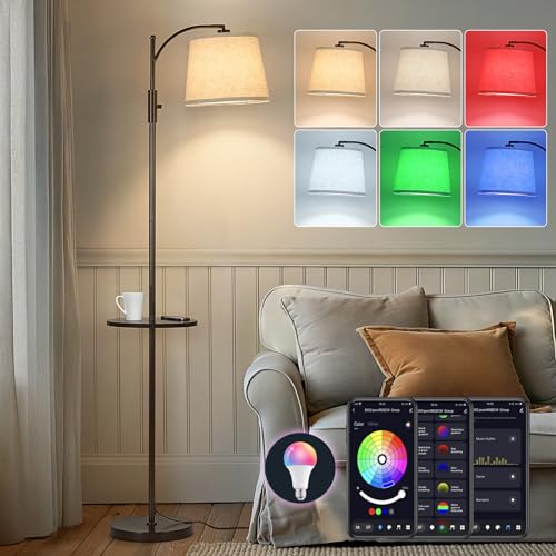 Image of AIDENOEY Smart Floor Lamp with Side Table | Stepless Dimming, RGB Multi-Color | Adjustable Swivel Head | Voice Control with Alexa & Google Assistant |Brown Lamp for Living Room,Bedroom,Home Office