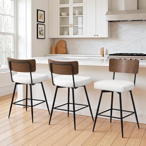 Bekrvio Counter Height Swivel Bar Stools Set of 3, Upholstered Faux Leather Barstools with Wood Backs and Metal Legs, 26