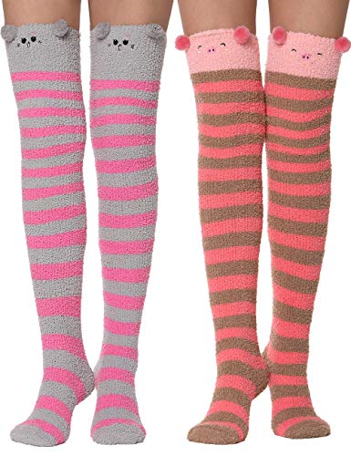 Image of MOGGEI Womens Thigh High Fuzzy Socks Warm Winter Over Knee High Long Striped Fluffy Cozy Fleece Socks 2 Pairs