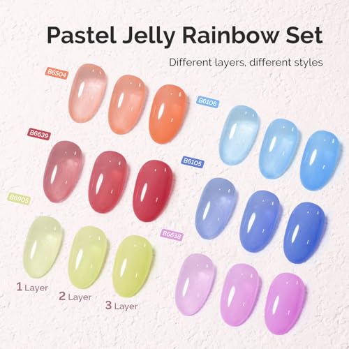 Image of MelodySusie Jelly Gel Nail Polish Set,6 Transparent Colors,Milky or Jelly Texture,Pastel Rainbow Colors Soak Off UV LED Light Cure or Salon Manicure and Nail Art DIY at Home 15ML 0.3Fl Oz
