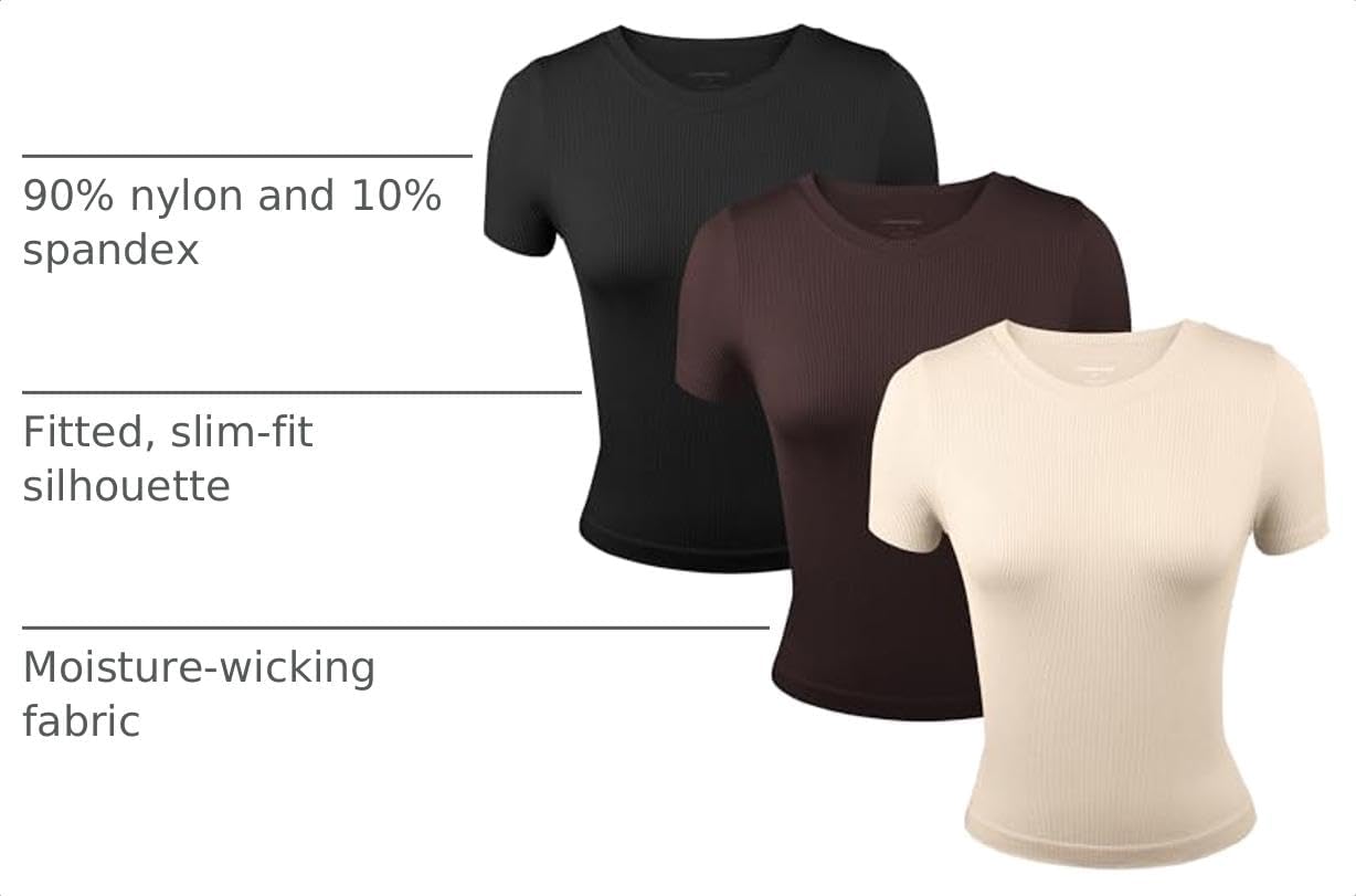 Common Stitch 3 Pack Stretch Workout Tee Shirts for Women, Ribbed Crewneck Womens Short Sleeve Yoga Tees (Available in Plus) image 4