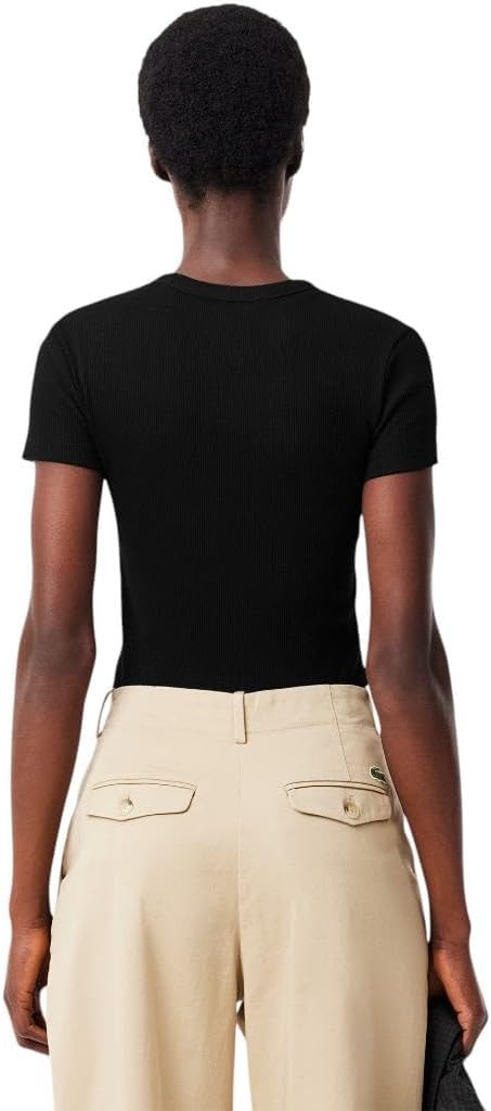 Lacoste Womens Slim Fit Ribbed Cotton T-Shirt - Image 3