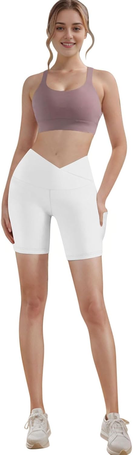 Cross V Waist Biker Short for Women 2026 Sport High Elastic Waisted Shorts Yoga Body Shaping Sweatpant with Pocket