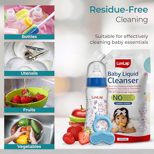 Image of LuvLap Baby Liquid Cleanser Refill pack- 1000ml, For cleaning feeding bottle, cutlery, toys, fruits & vegetables, Kills 99.9% Germs, pH Balanced Dermatologically tested formula, No harsh chemicals