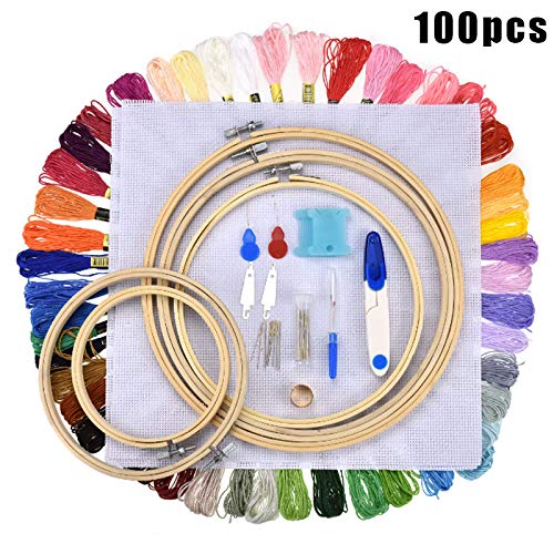 100 Skeins Threads Embroidery Beginners Kit & Organizer Storage Box, Circular Packing Bag for Cross Stich Craft DIY Pattern Bamboo Embroidery Hoops, for String Friendship Bracelet