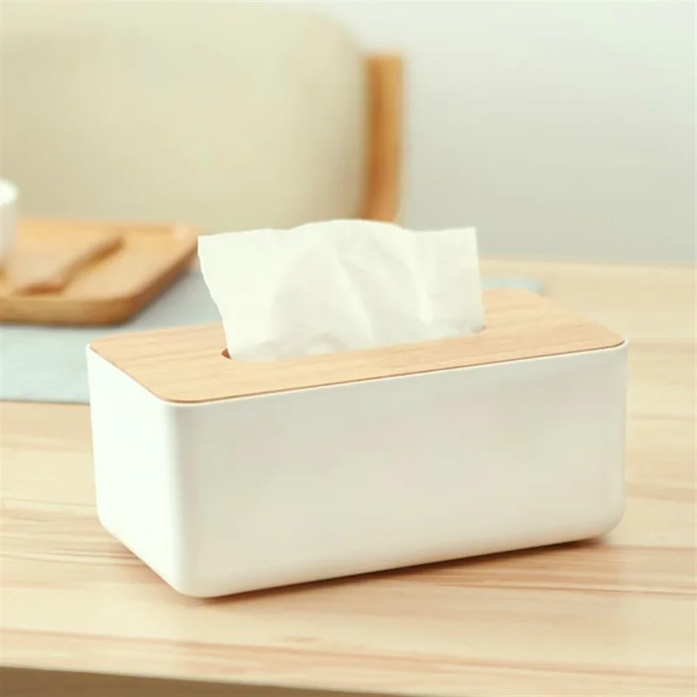 Tissue box holder,tissue dispenser,Plastic Tissue Box Wooden Lid Round/Square Napkin Holder Container Wet Tissue Paper Dispenser Case Home Car Organizer(Square)