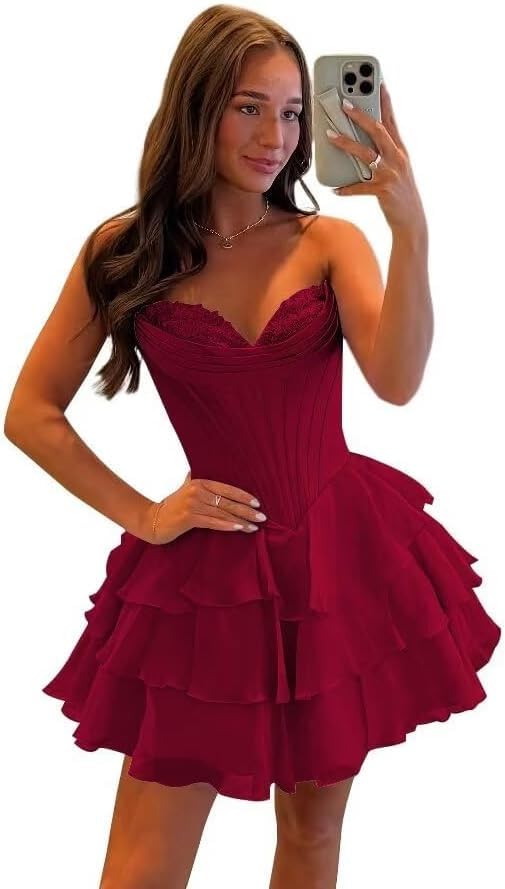 Strapless Corset Short Homecoming Dresses for Teens 2025 Tiered Ruffle Graduation Cocktail Party Dress