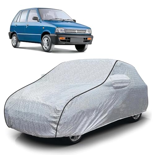 Image of Sulfar 100% Waterproof Car Body Cover Compatible with Mirror for Maruti Suzuki 800 (Triple Stitched, Full Bottom Elastic, Magic Silver with Black Piping)