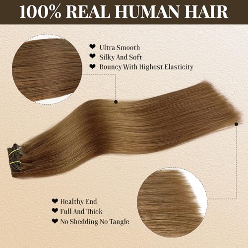 Image of Chestnut Brown Clip ins Hair Extensions Real Human Hair Extension Thick Straight Seamless Invisible No Tangle No Shedding Reusable 5pcs for Women 14 Inch 70g