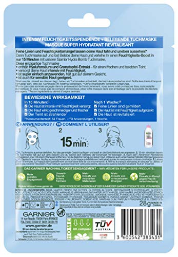 Garnier Cloth Mask, Face Mask for Moisture Needing Skin, Revitalising and Moisturising, with Hyaluronic Acid and Pomegranate Extract, Hydra Bomb, 28 g - Image 3