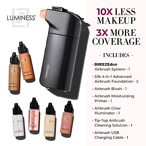 Luminess Breeze Duo Airbrush Makeup System, Tan Coverage – 9-Piece Kit Includes 2X Silk Airbrush Foundation, Apricot Shade Blush, Glow Highlighter, Moisturizer Primer, And Airbrush Cleaning Solution #TOP1