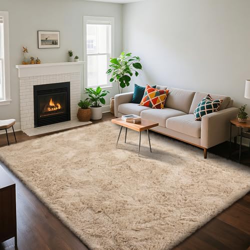Fluffy Rug Shaggy Area Rug, Beige 6x9 Area Rugs for Living Room, Large Shag Area Rugs for Bedroom Kids Room Home Decor, Upgrade Anti-Skid Rectangular Fuzzy Rugs