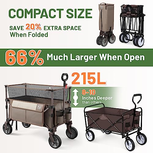 Timber Ridge Extra Large Collapsible Folding Wagon Carts, Heavy Duty Outdoor Camping Garden Utility Wagons With Extended Height, Adjustable Handle, Cup Holders(Tan) #TOP1