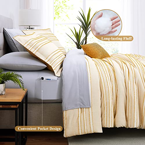 Wrensonge Boho Queen Jacquard Comforter Set, 8 Pieces Yellow Striped Tufted Comforter Set, Microfiber Cozy Farmhouse Bedding Set With Decor Pillow, Washable Lightweight Breathable For All Seasons #TOP5
