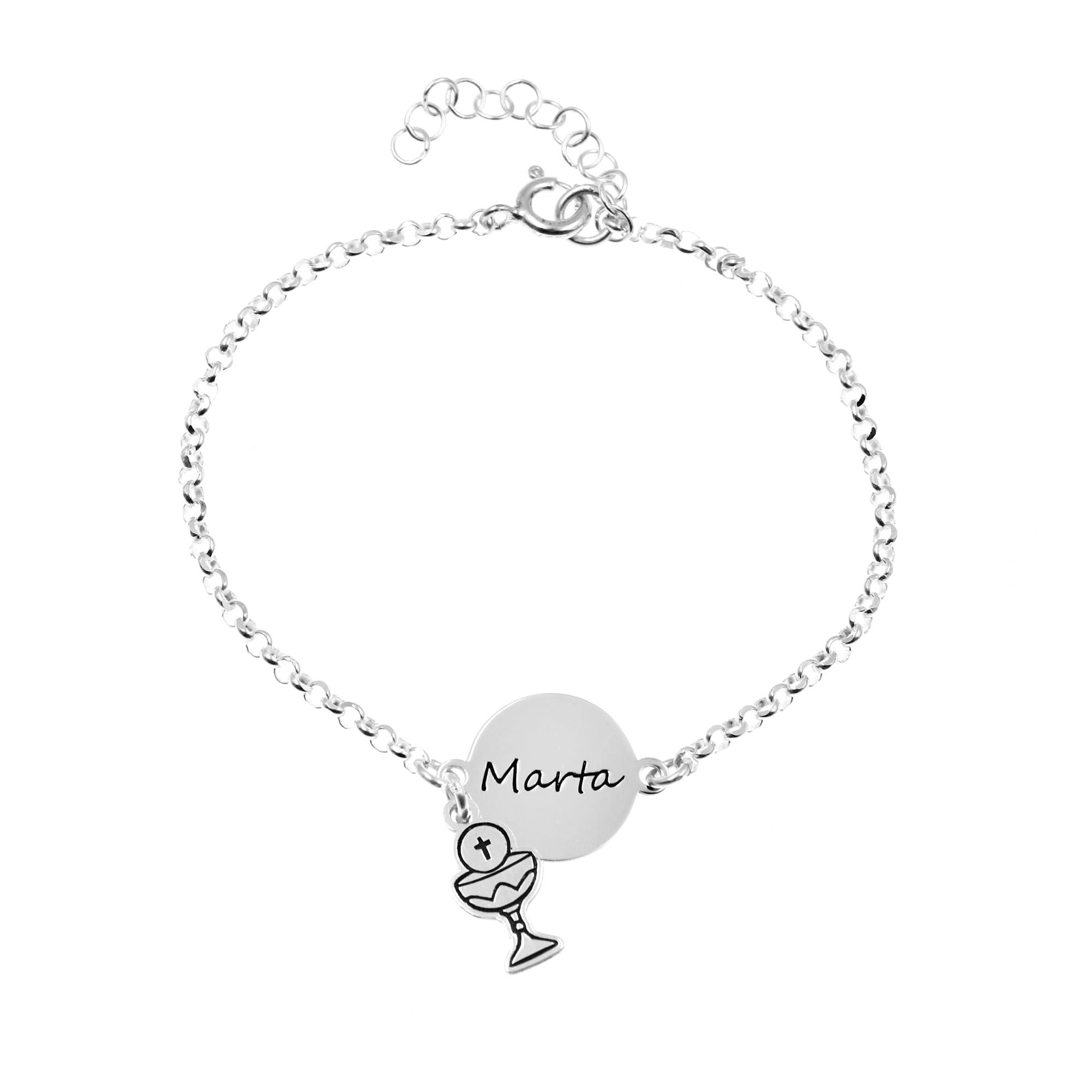 Pulsera Comunión Niña Personalizada - Brazalete con Medalla y Abalorios Religiosos de Plata de Ley