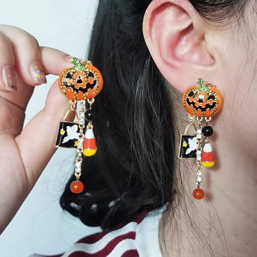 Halloween Earrings for Women Pumpkin Ghost Dangle Earrings Gothic Crystal Pumpkin Tassel Drop Earrings For Halloween Costume Accessories4