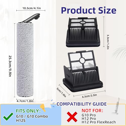 Image of Replacement Parts for Dreame G10, G10 Combo, H12S Cordless Wet Dry Vacuum | NOT for Other Models. ONLY Fits G10, G10 Combo, H12S. 2 Roller Brushes, 2 Filters & 1 Cleaning Brush