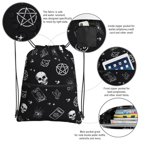 Image of Gothic Skull Cat Magic Drawstring Bag, Halloween Goth Magic Book Drawstring Backpack, Light Large Capacity Durable String Sackpack, Waterproof Cinch Sackpack for Yoga Sport Gym Beach Shopping